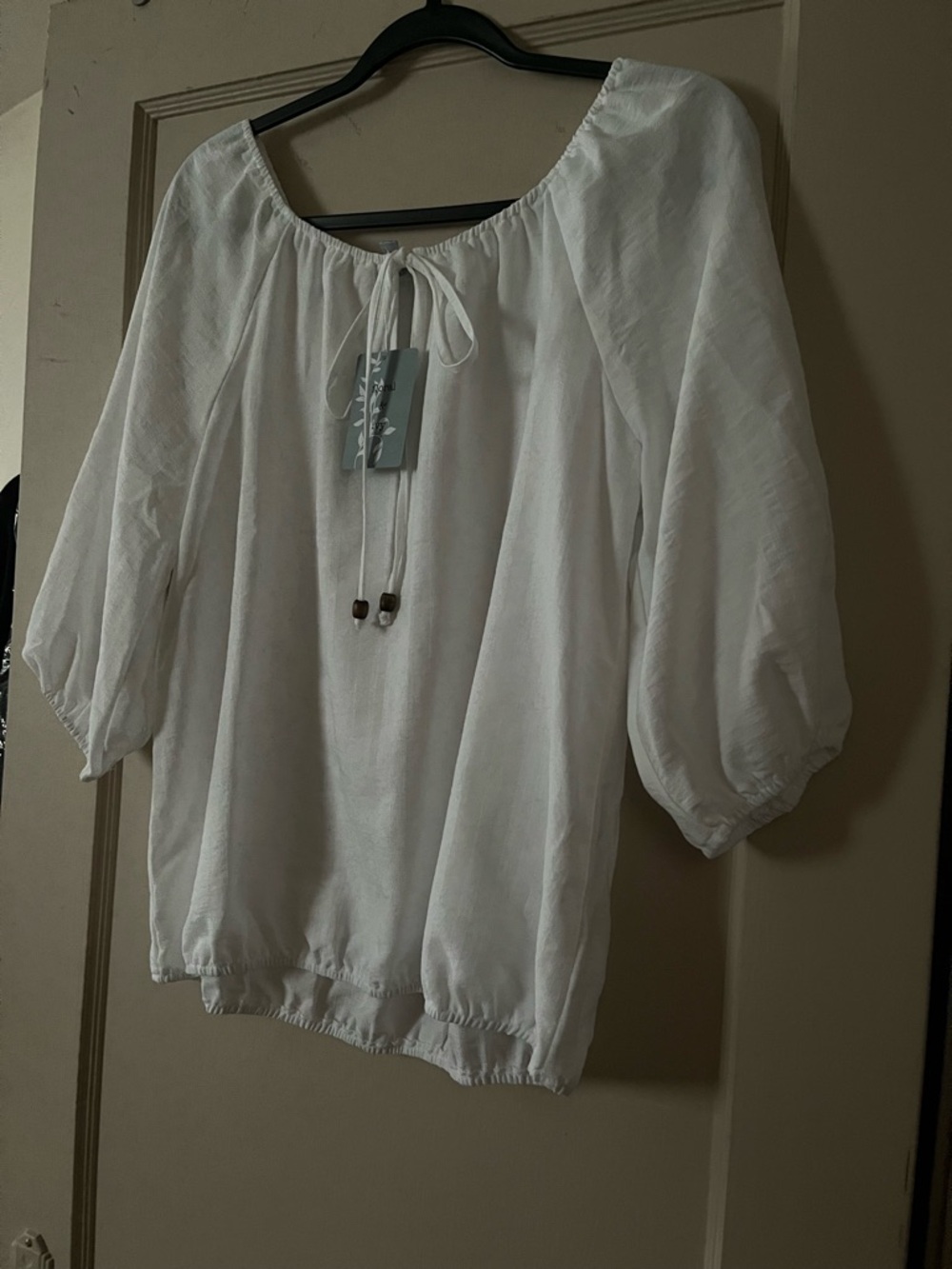 White Peasant Blouse with Tie Neck and Puff Sleeves